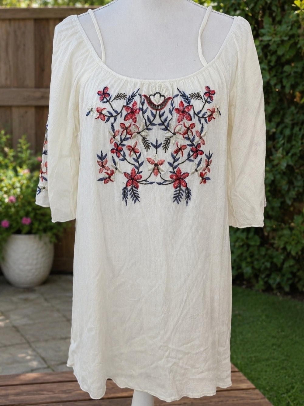 REBELLION AGAIN Boho Embroidered Cream Peasant DRESS